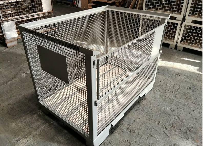 Galvanised steel mesh container with drop gate and label plate