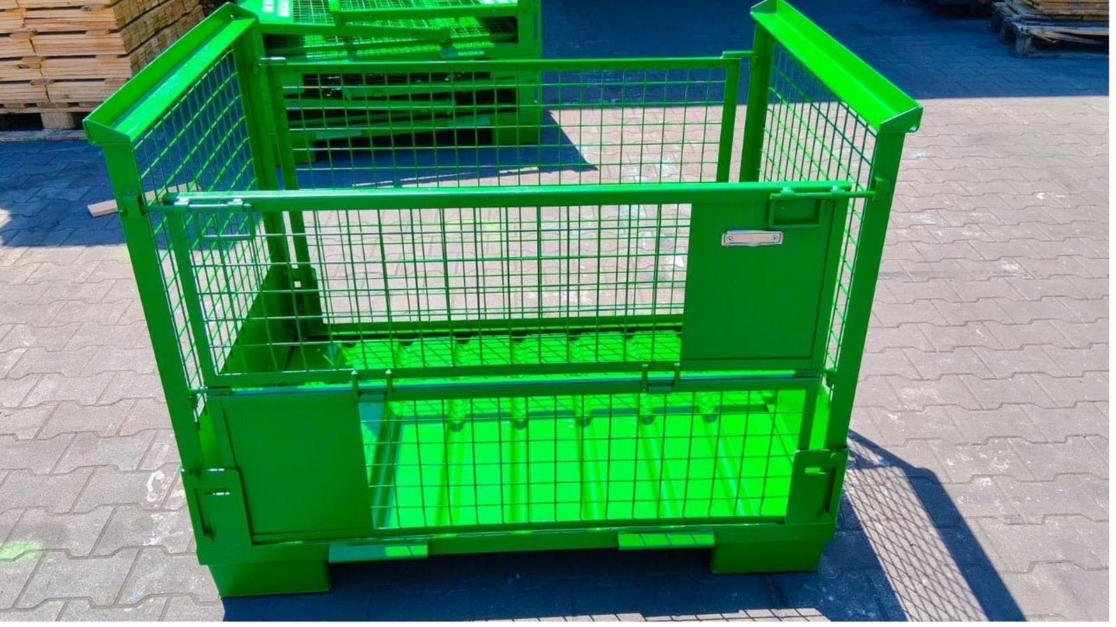 Custom green powder-coated steel mesh container with folding side wall, made to order