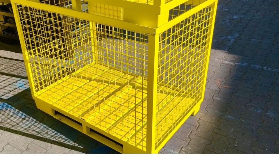 Yellow powder-coated steel mesh container with folding side wall